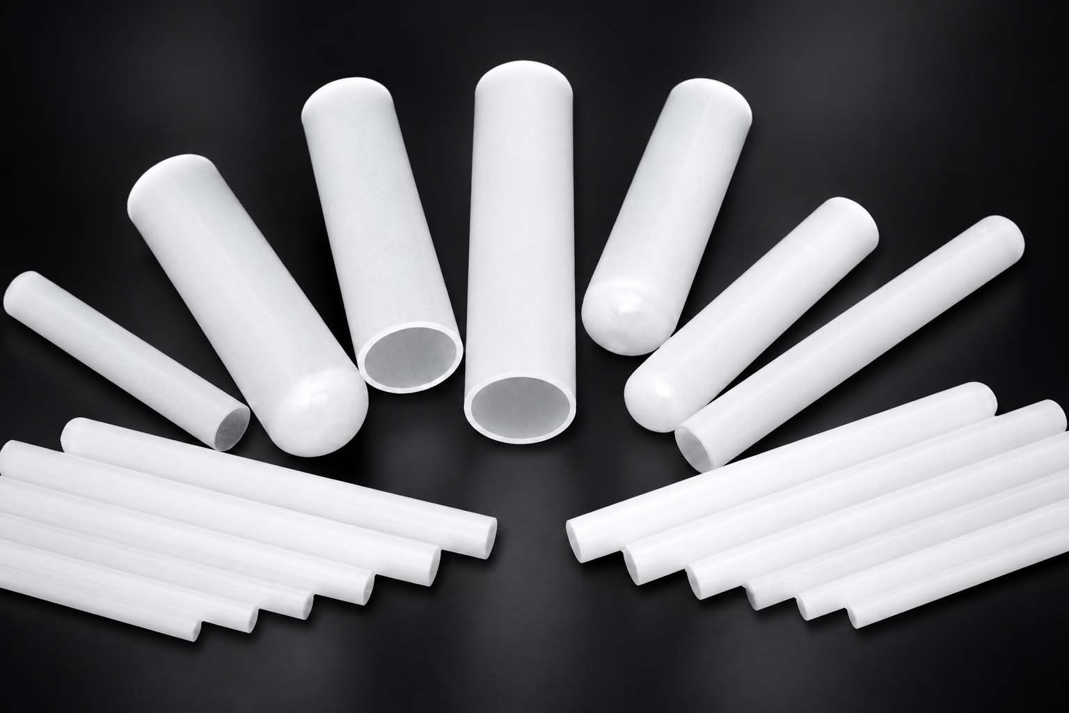Milky vacuum-fused quartz tubes with open and rounded closed ends for opaque milky colored translucent quartz tubes