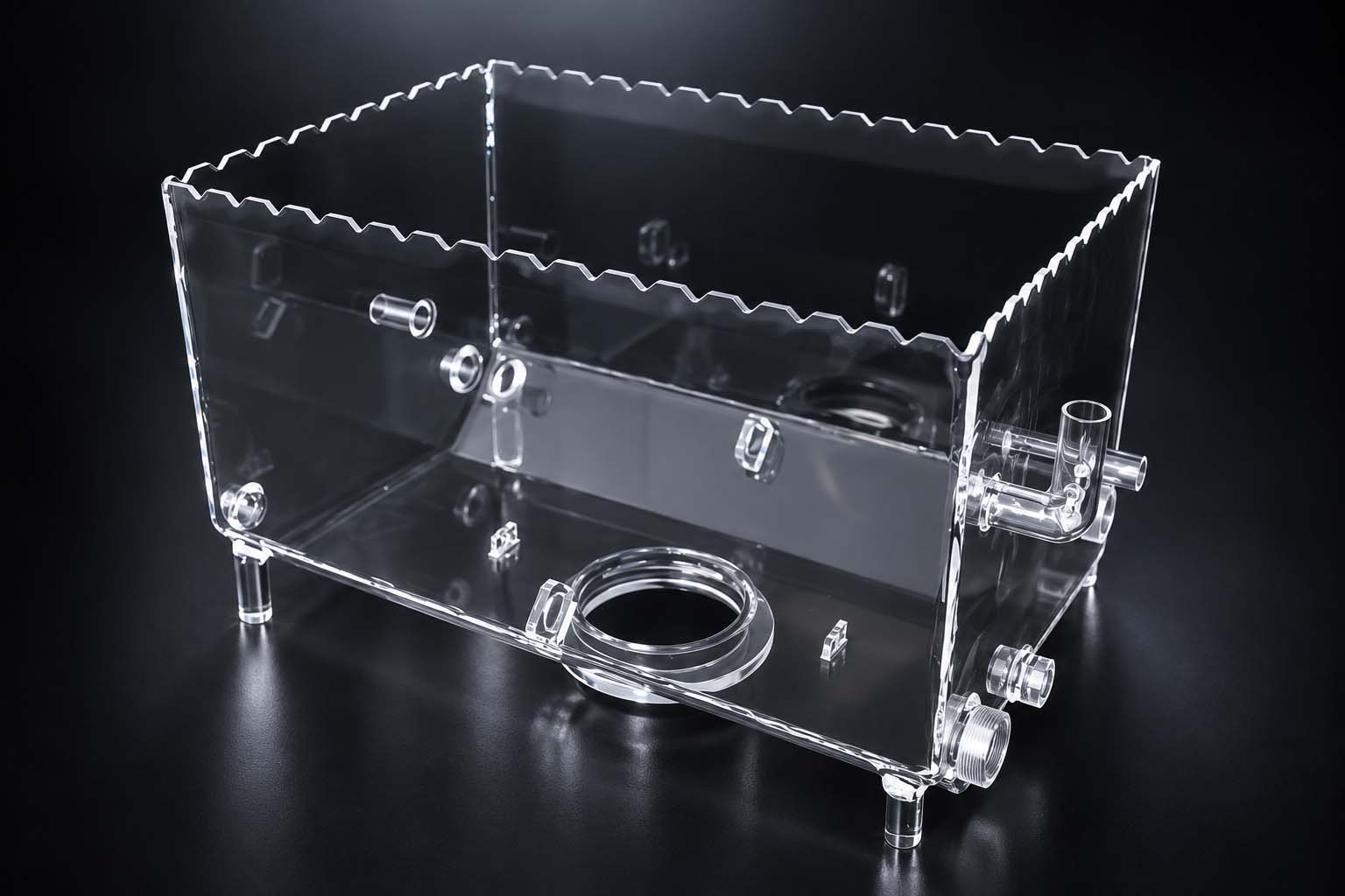 Fabricated rectangular quartz cleaning tank with side ports and notched rim for quartz cleaning tanks