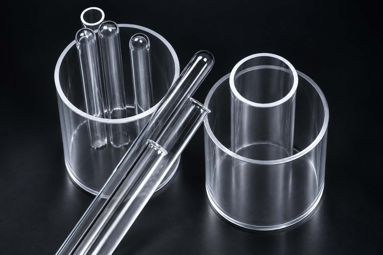 Clear quartz closed-end tubes inside large open sleeves for quartz gauge sight vacuum tubes