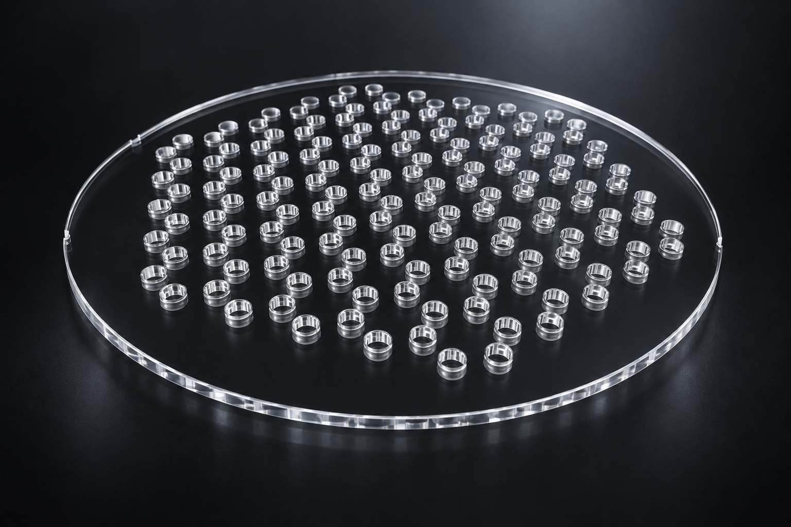 Circular quartz precision plate with a regular array of raised hole interfaces for quartz substrates