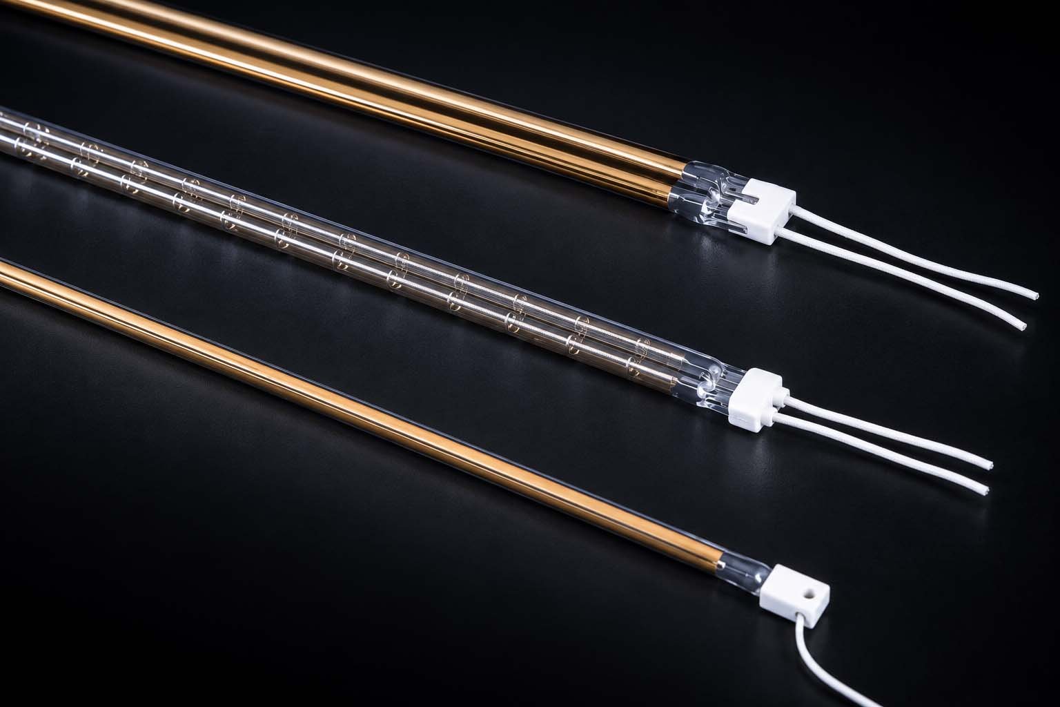 Straight quartz infrared heater lamps with reflector coatings and leads for quartz infrared heaters